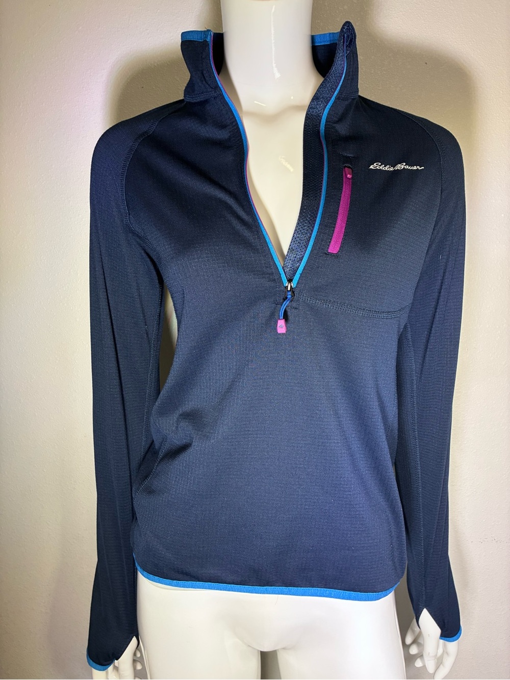 Eddie Bauer Navy Quarter-Zip Pullover with Blue Trim and Pink Accents